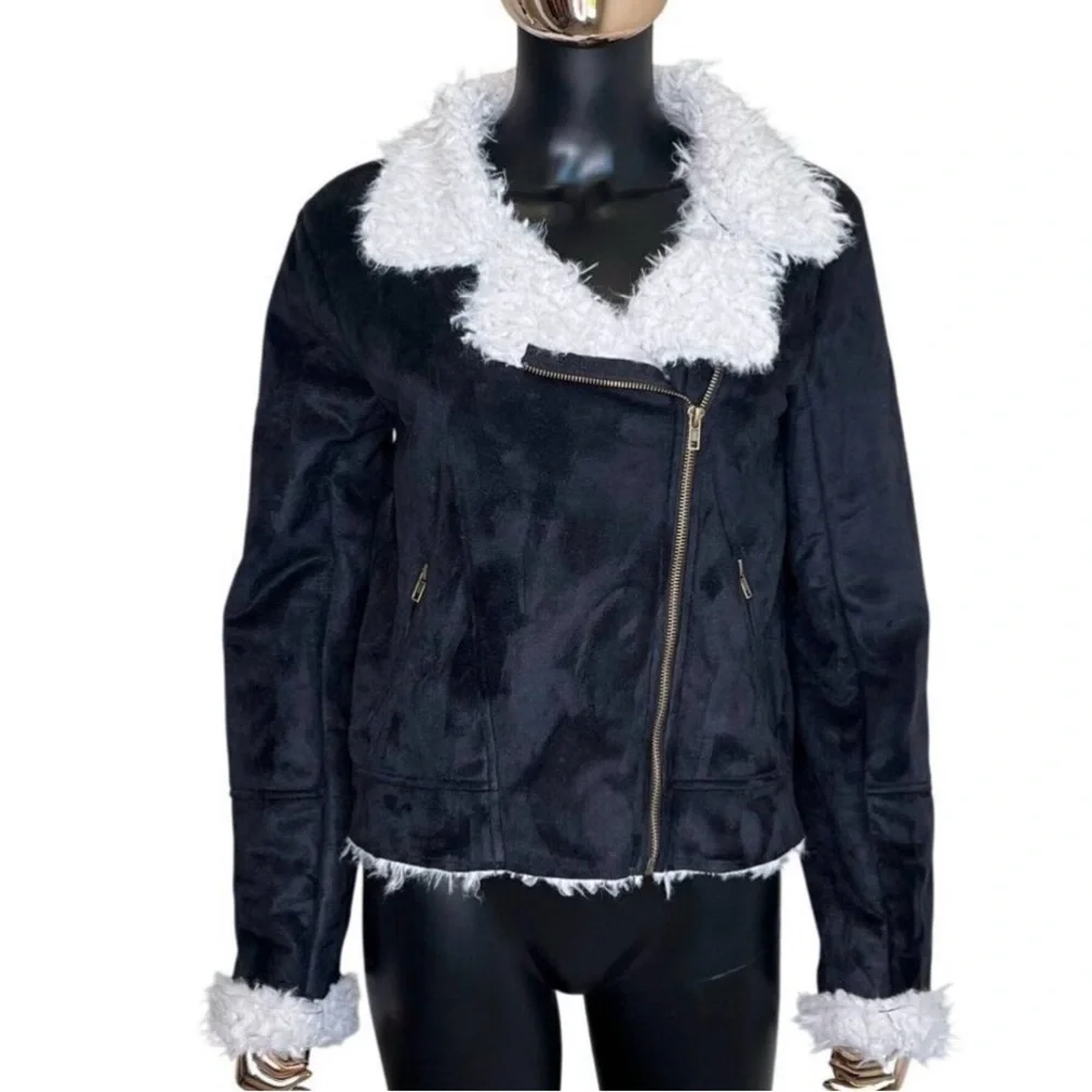 CAGE Black Faux Suede Sherpa Moto Jacket Medium Asymmetrical Zip Biker Coat